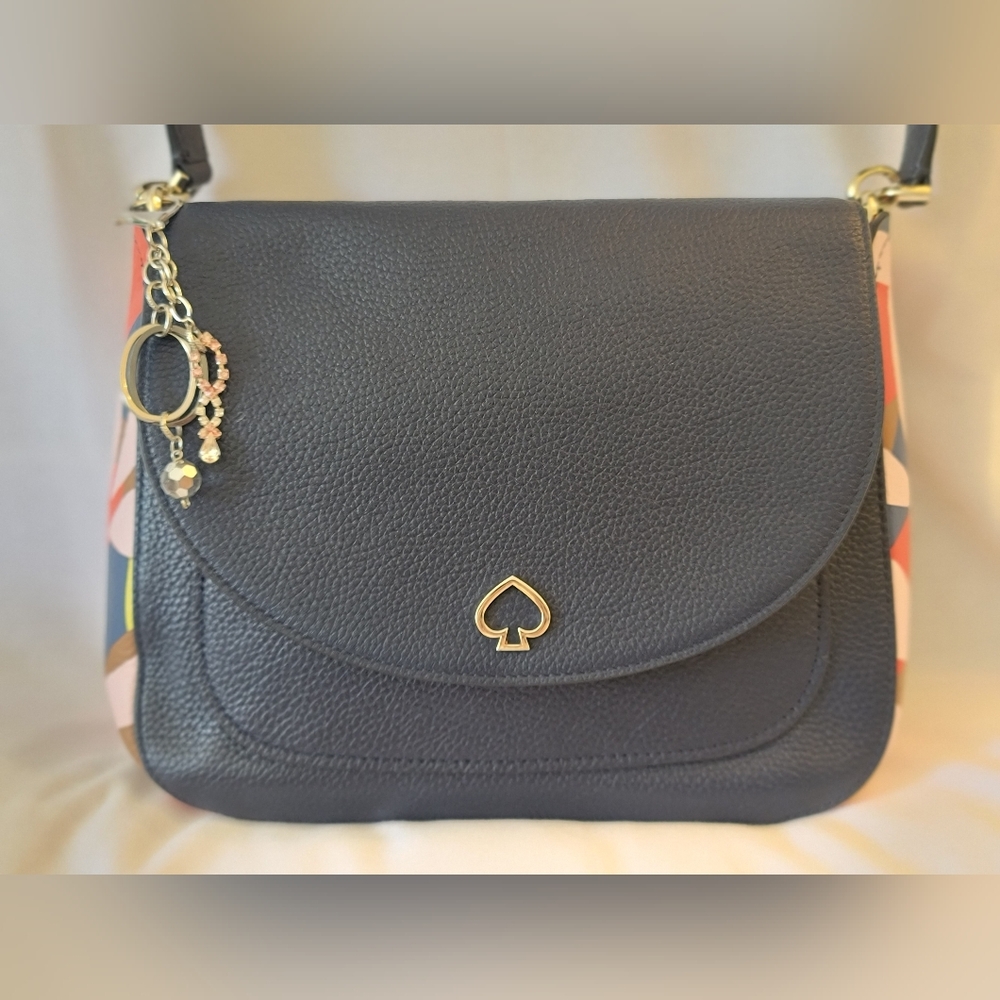 Kate Spade Navy Blue Pebbled Leather Purse Tropical Toss - Picture 2 of 9